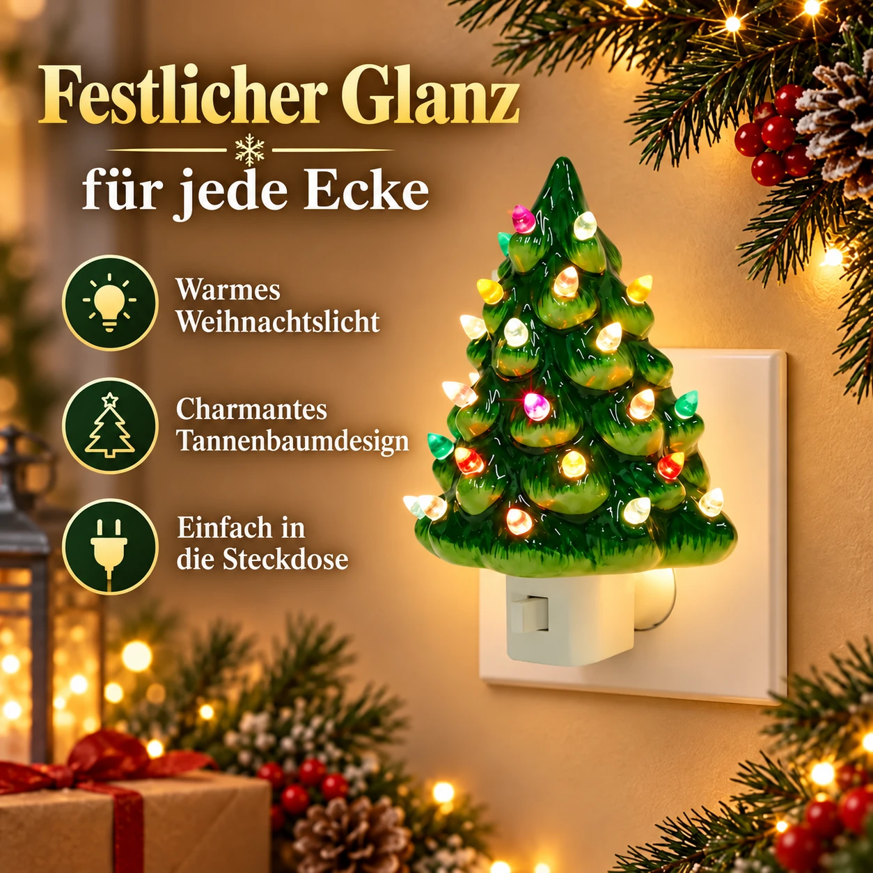 Grüne Keramik-Weihnachtsbaum-Steckdosenleuchte mit hervorgehobenen Weihnachtsvorteilen