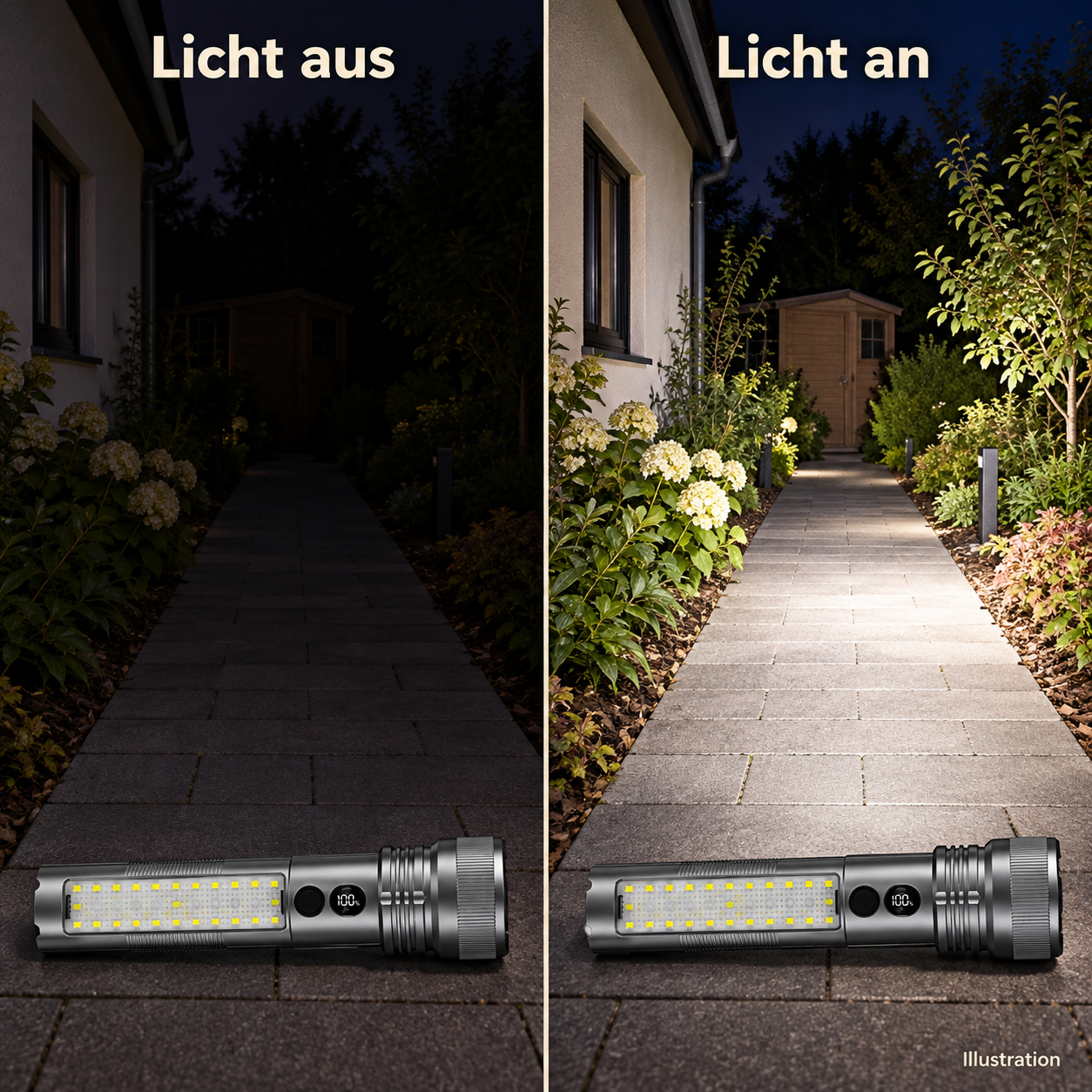 Illustration desselben Gartenwegs bei ausgeschalteter und eingeschalteter Taschenlampe