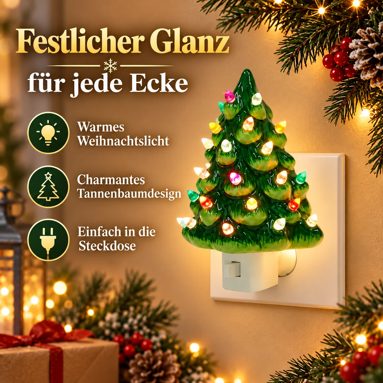 Vintage-Keramik-Weihnachtsbaum als Steckdosen-Nachtlicht
