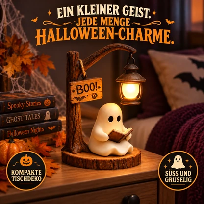Gemütliche Halloween-Tischdeko mit lesendem Geist und Laterne