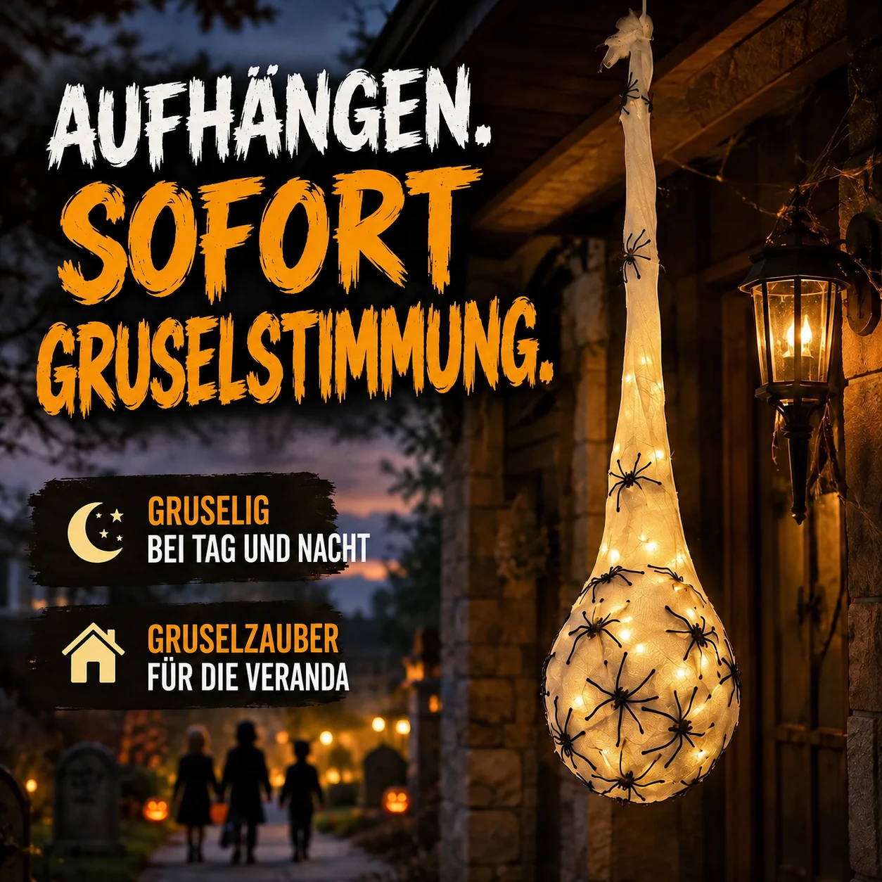 Leuchtender hängender Spinneneisack als Halloween-Dekoration