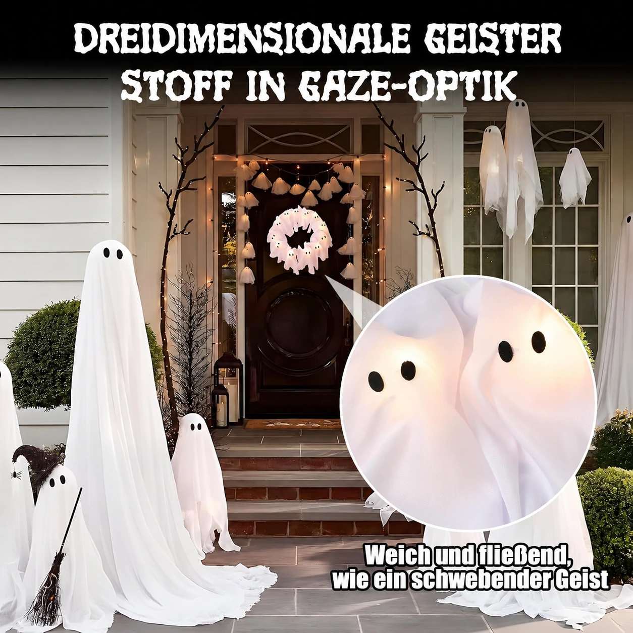 Geisterkranz mit 12 Lichtern – leuchtende Halloween-Türdekoration