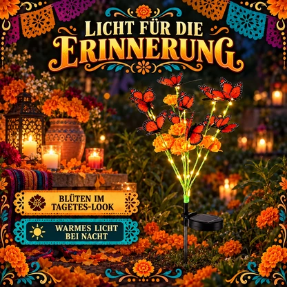 Solar-Gartenleuchte mit Tagetes und Schmetterling – Halloween- und Día-de-Muertos-Deko
