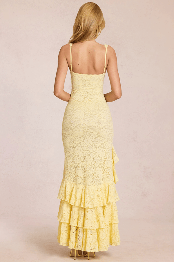 👗Lace Ruffle Maxi Dress with High Slit – Elegant Bodycon Evening Dress