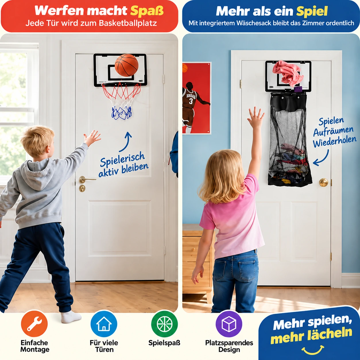 Weihnachtlicher Wäschekorb mit Basketballkorb zum Einhängen über der Tür