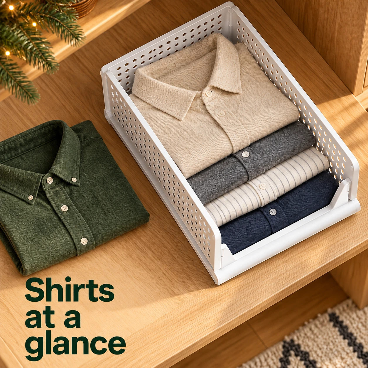 One white clothing storage basket with folded shirts viewed from above