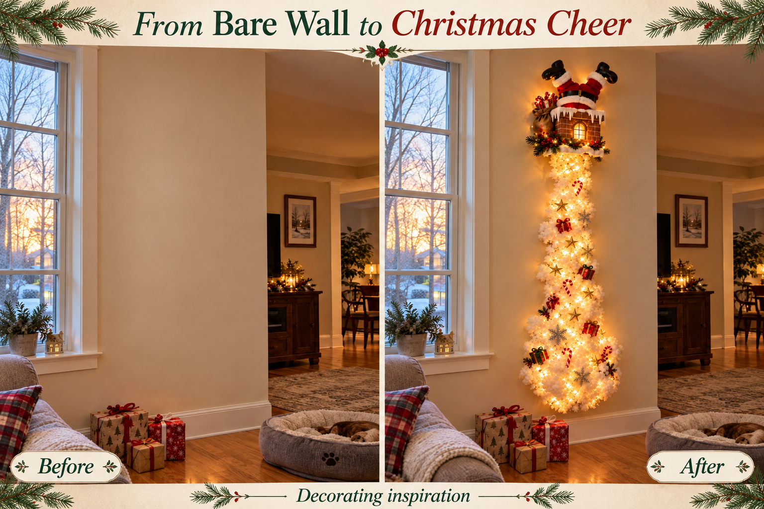 Same entrance wall before and after adding the Santa chimney wall hanging