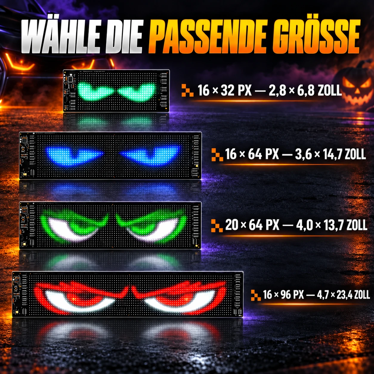 Vier Größen flexibler LED-Autodisplays in Pixeln und Zoll dargestellt