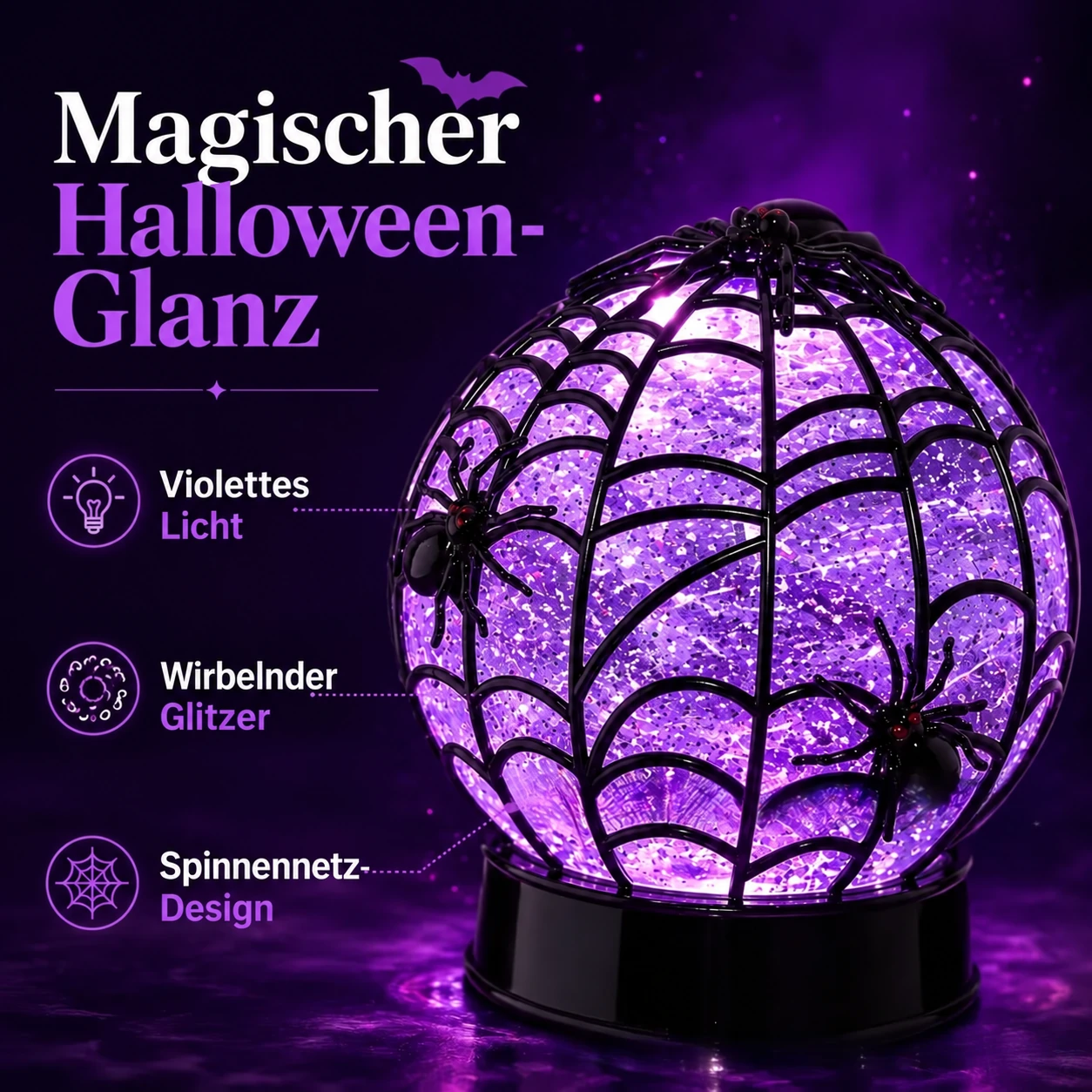 Halloween-Kugelleuchte mit wirbelndem Glitzer und Geistern oder Spinnen