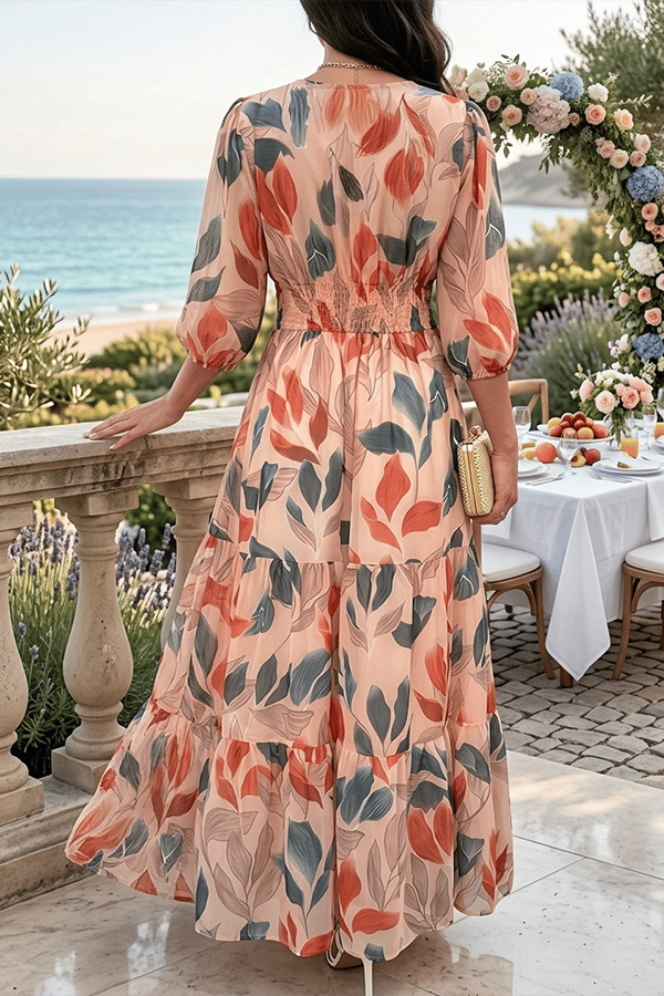 Bohemian Floral Maxi Dress for Women – V-Neck Puff Sleeve Summer Dress