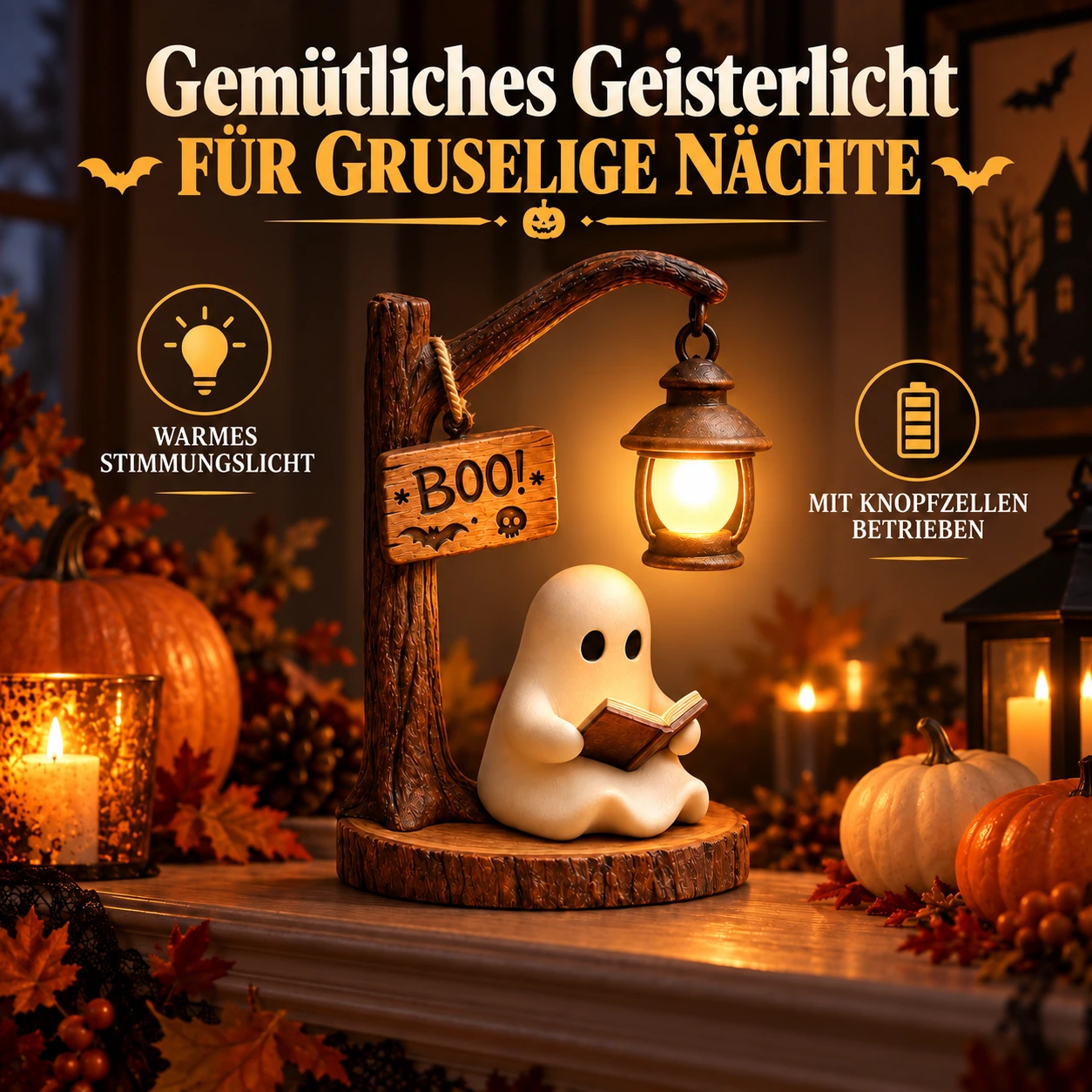 Gemütliche Halloween-Tischdeko mit lesendem Geist und Laterne