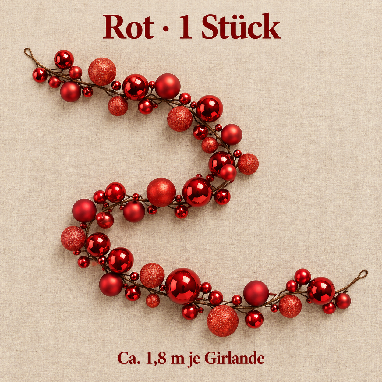 Rot · 1 Stück Kugelgirlande, ca. 1,8 m je Stück