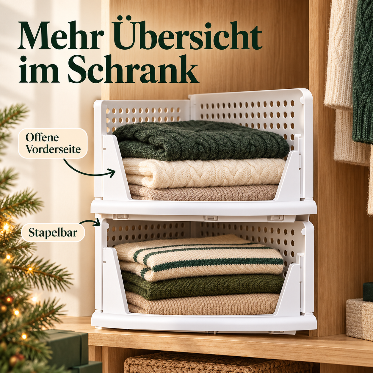 Zwei weiße Kleiderkörbe mit gefalteter Kleidung im Holzschrank