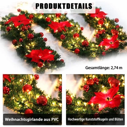 Beleuchtete Weihnachtsgirlande mit roten Weihnachtssternen und warmem Licht