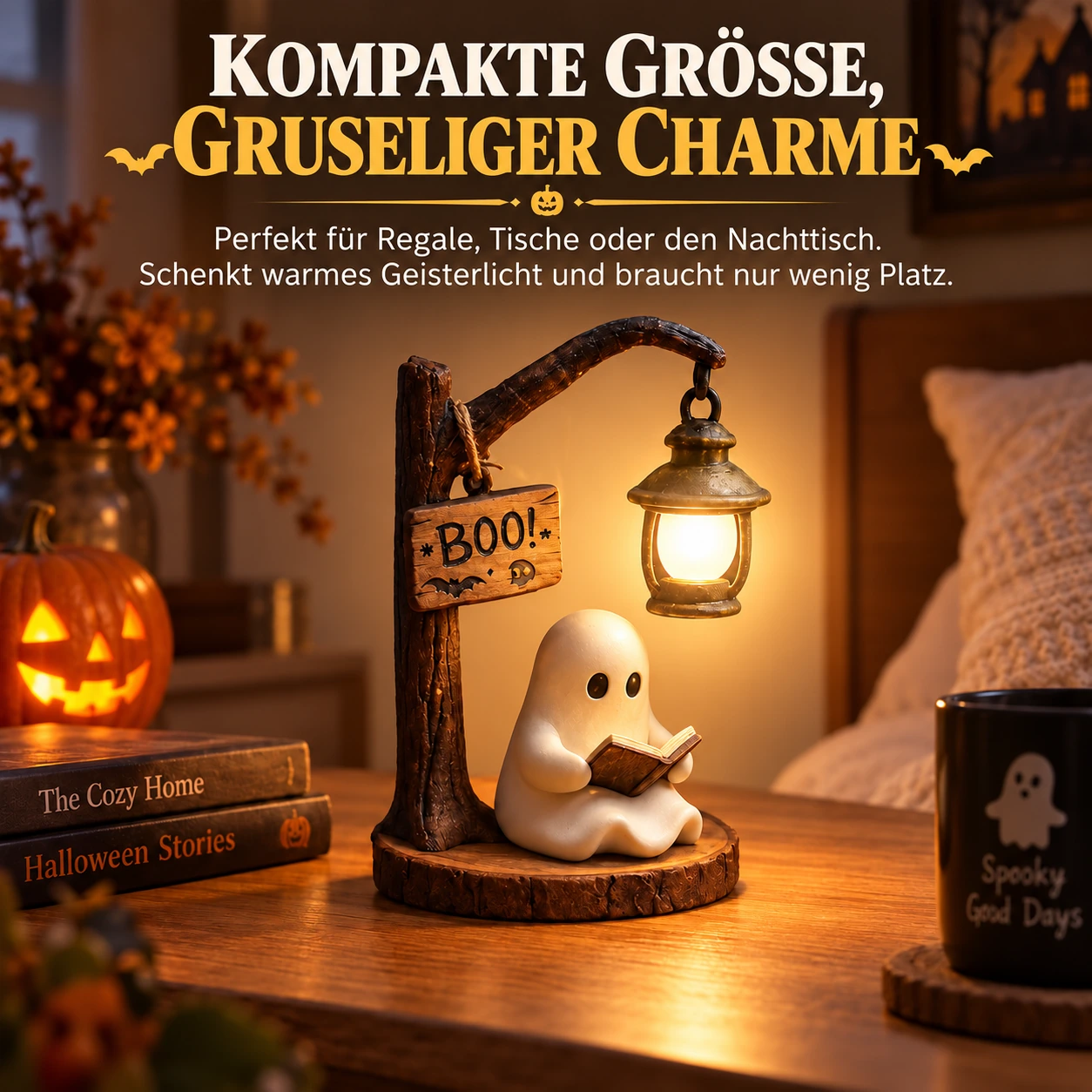 Gemütliche Halloween-Tischdeko mit lesendem Geist und Laterne