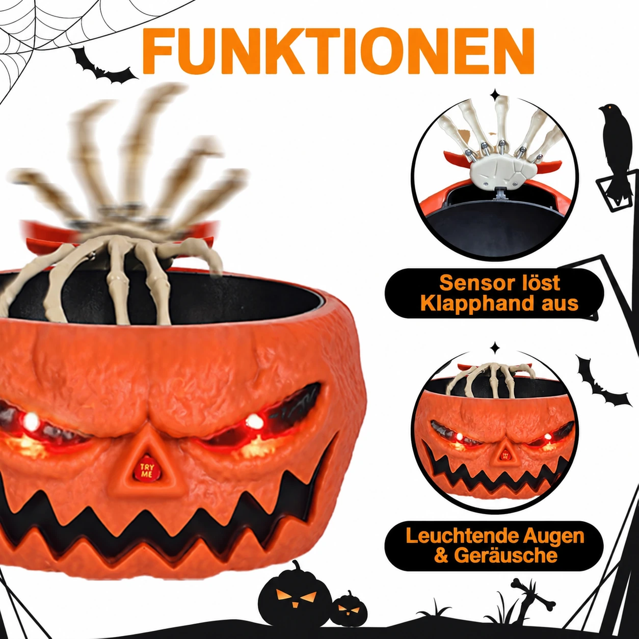 Animierte Halloween-Süßigkeitenschale mit Skeletthand, Licht und Ton
