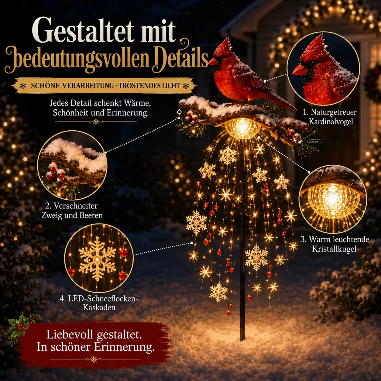 Beleuchteter Weihnachts-Gartenstecker mit Kardinalvogel und Erinnerungsbrunnen