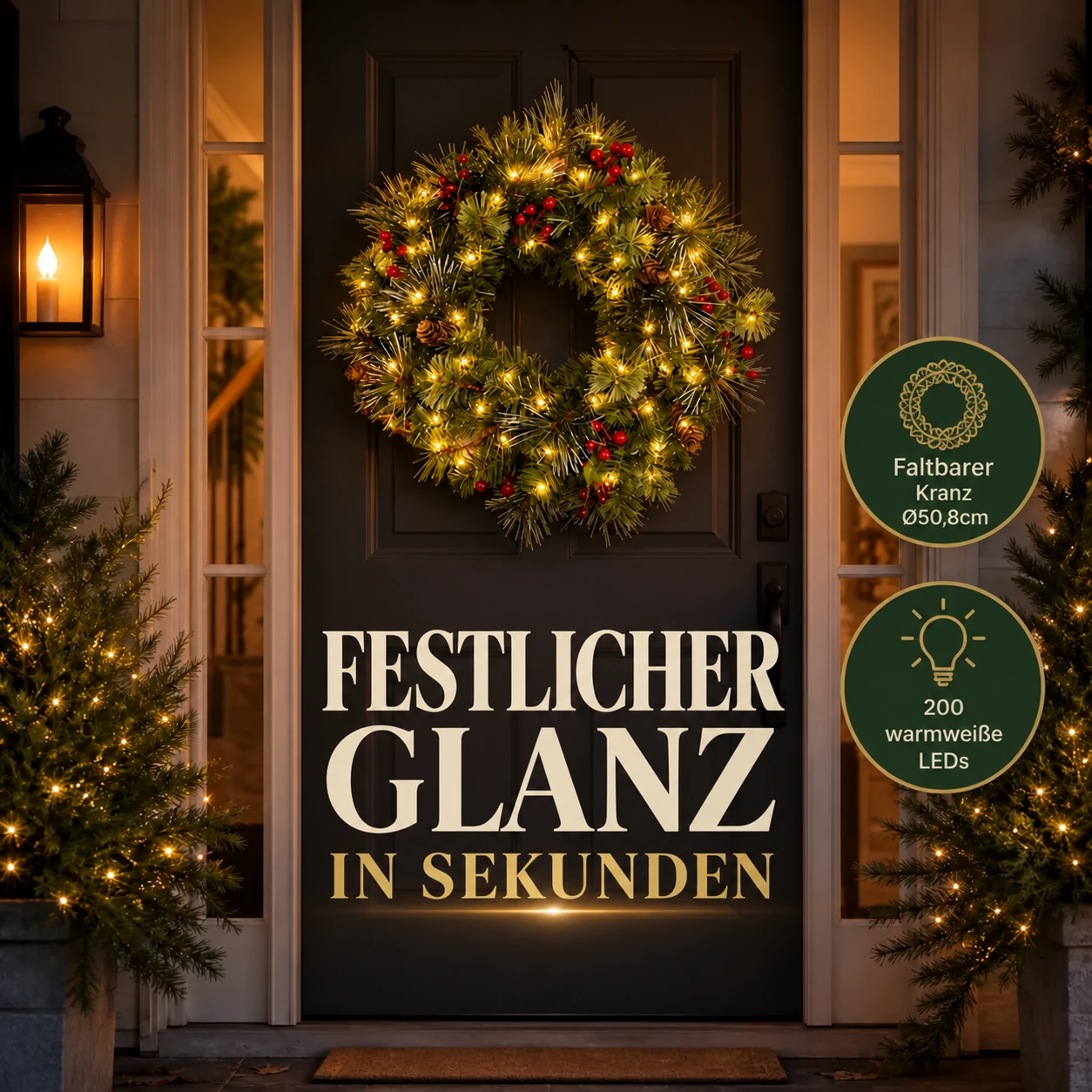 Faltbarer beleuchteter Weihnachtskranz mit 200 warmweißen LEDs