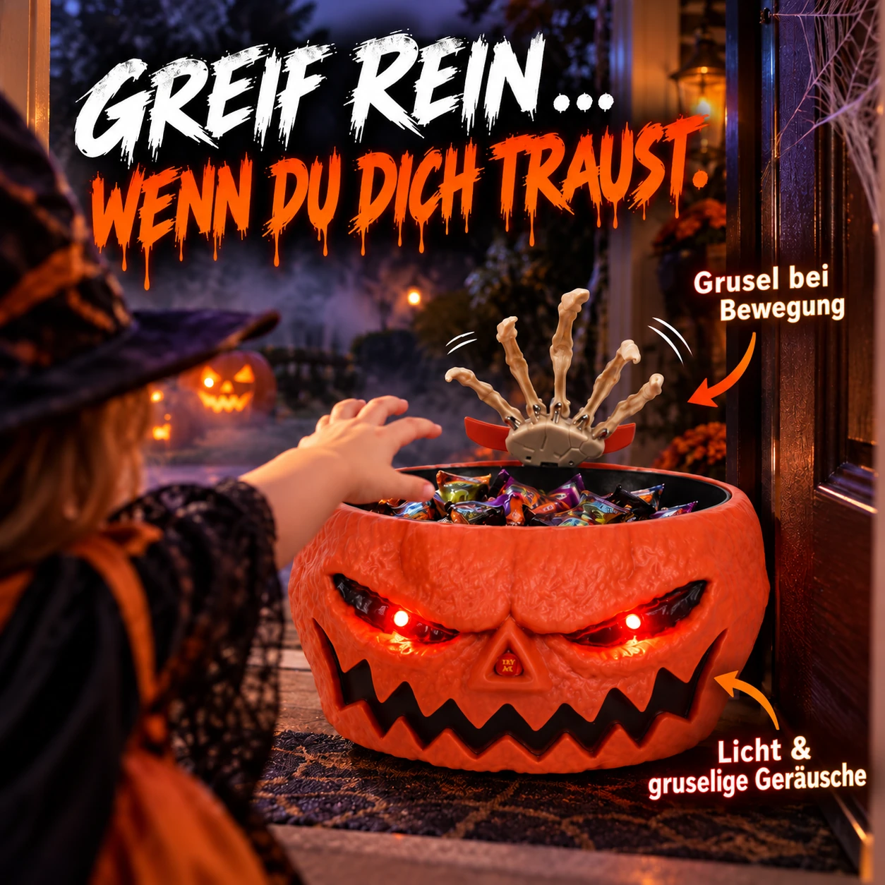 Animierte Halloween-Süßigkeitenschale mit Skeletthand, Licht und Ton