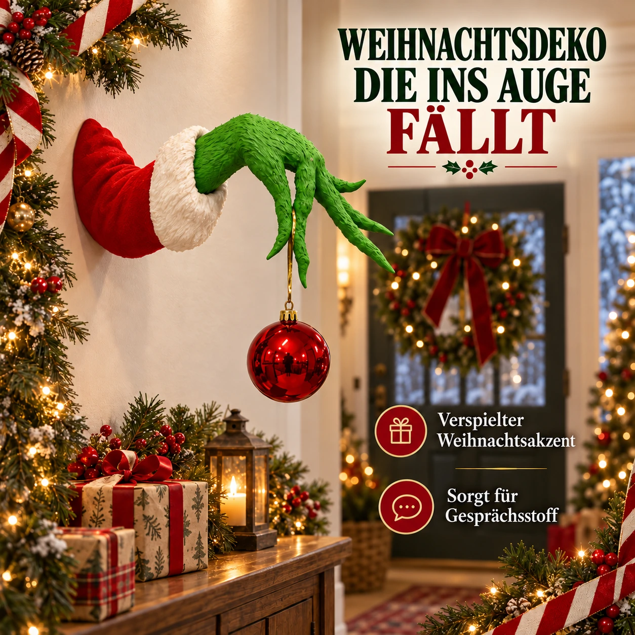 Schelmische grüne Weihnachtshand als Wanddeko