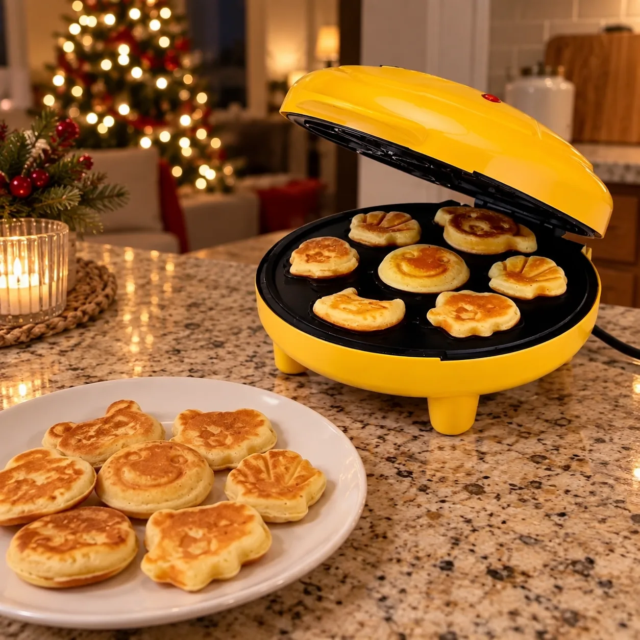 Mini pancakes and yellow maker in a warm evening kitchen