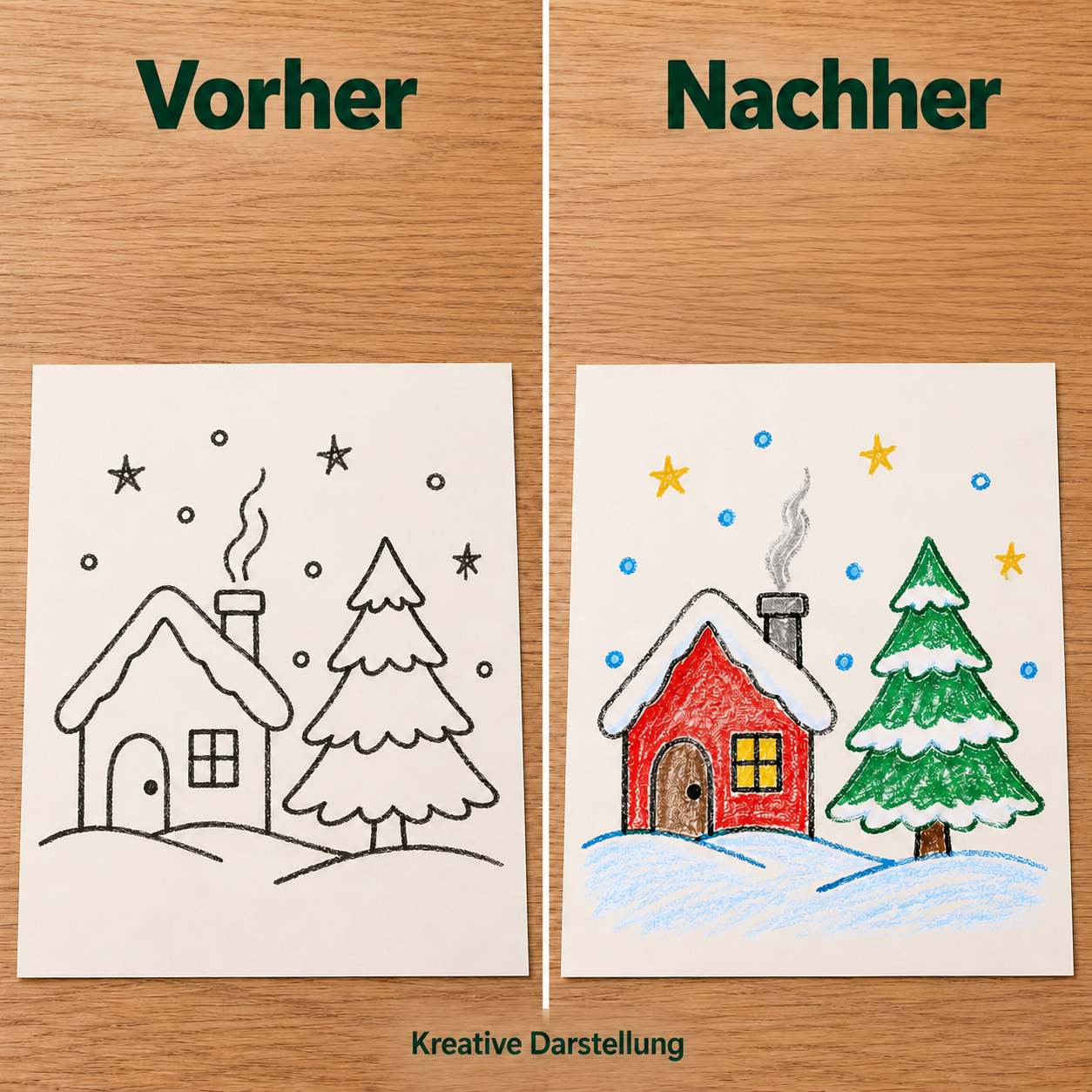 Dasselbe Hausmotiv vor und nach dem Ausmalen, als kreative Darstellung