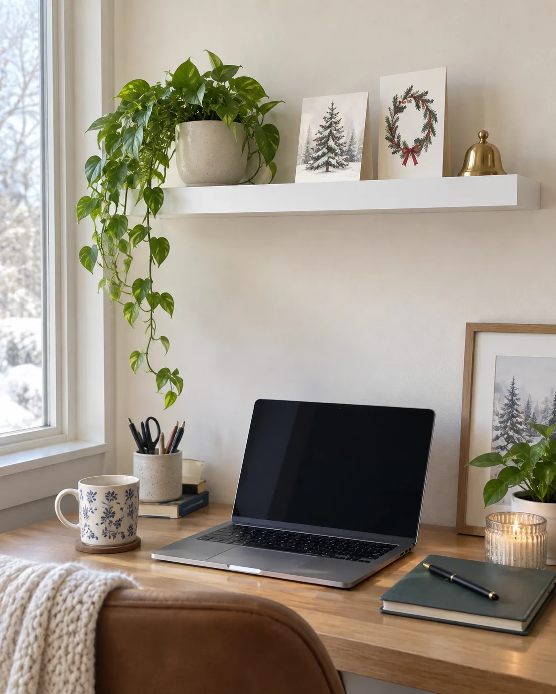 AI-generated customer-style photo of a white shelf in a home office
