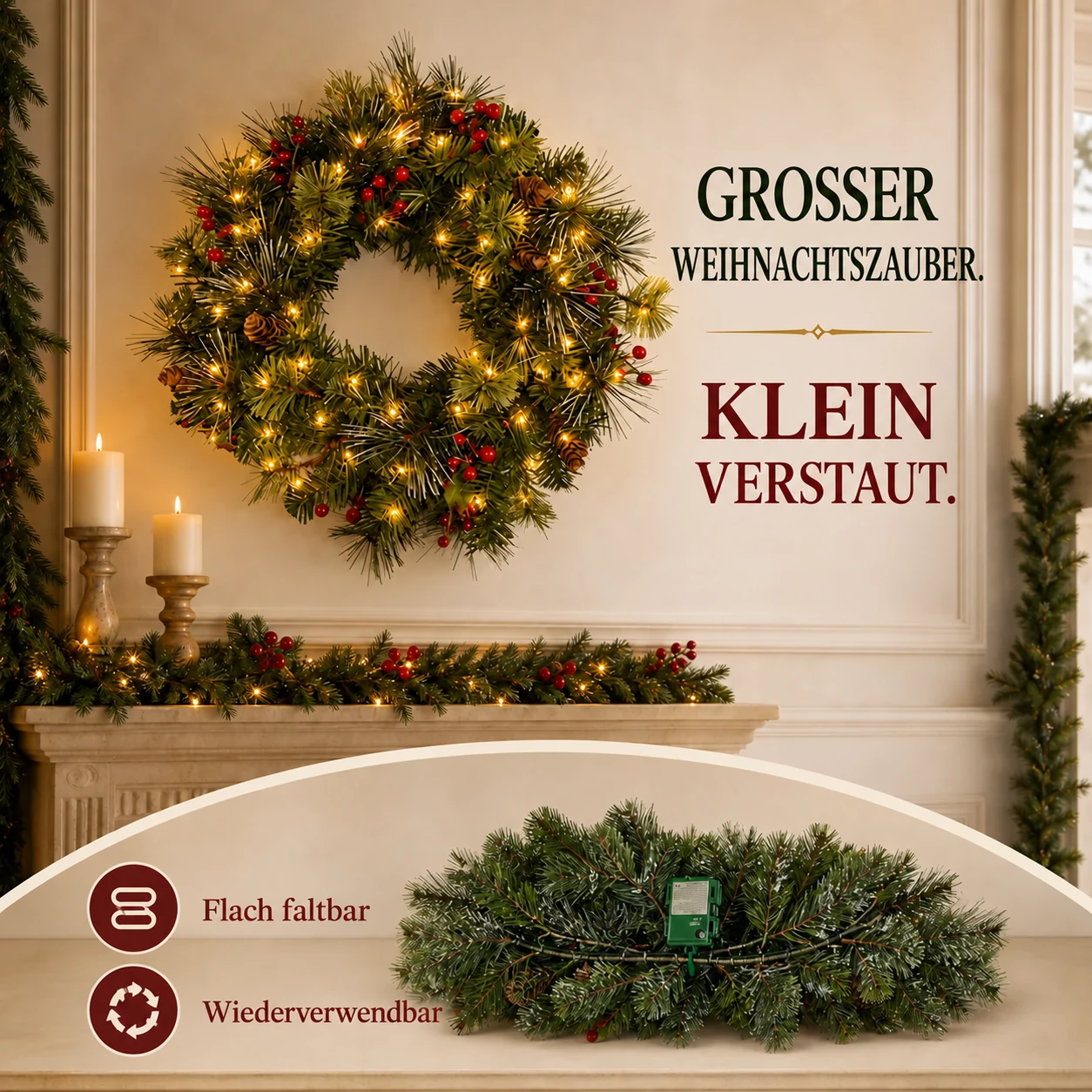 Faltbarer beleuchteter Weihnachtskranz mit 200 warmweißen LEDs