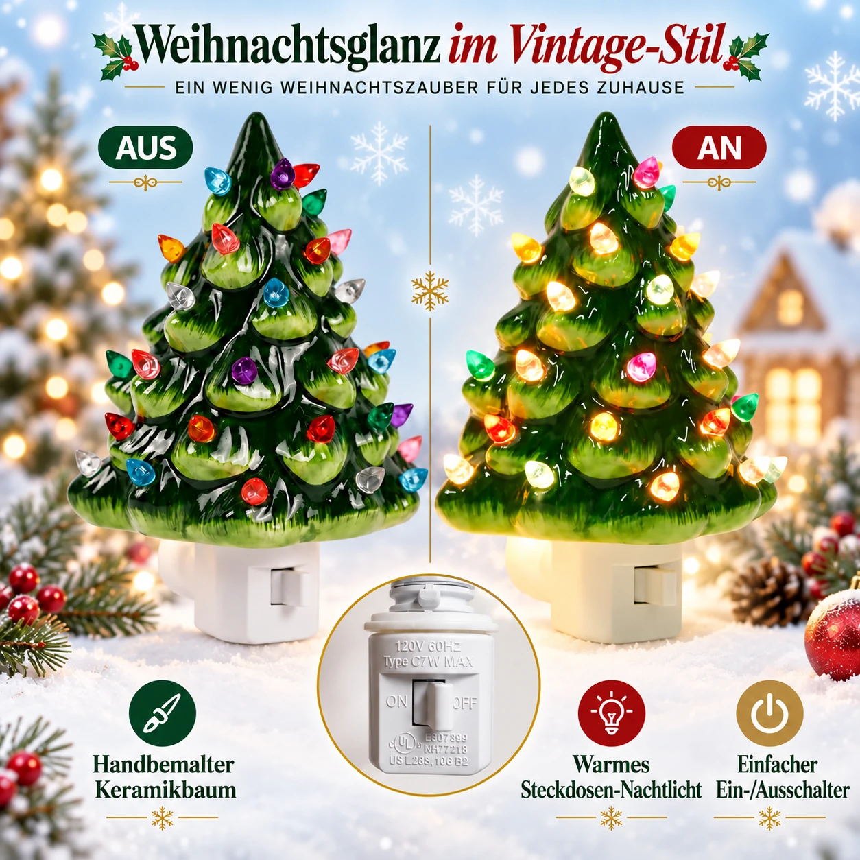 Grünes Weihnachtsbaum-Nachtlicht aus- und eingeschaltet mit Details des manuellen Schalters