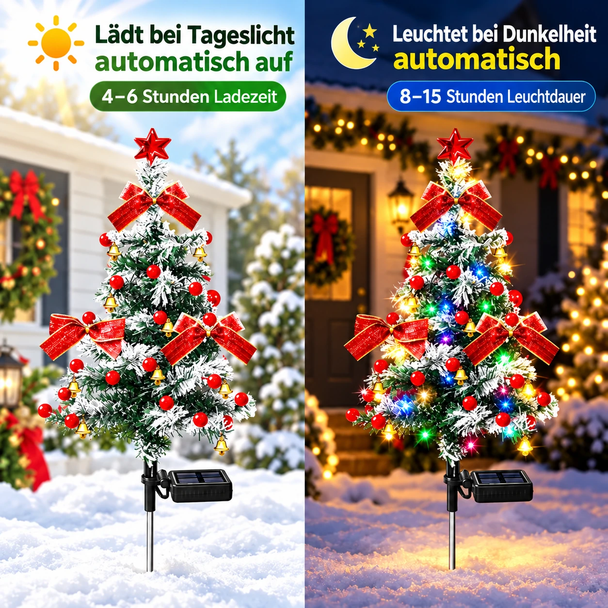 Weihnachtsbaum mit Erdspieß lädt bei Tageslicht und leuchtet nach Einbruch der Dunkelheit