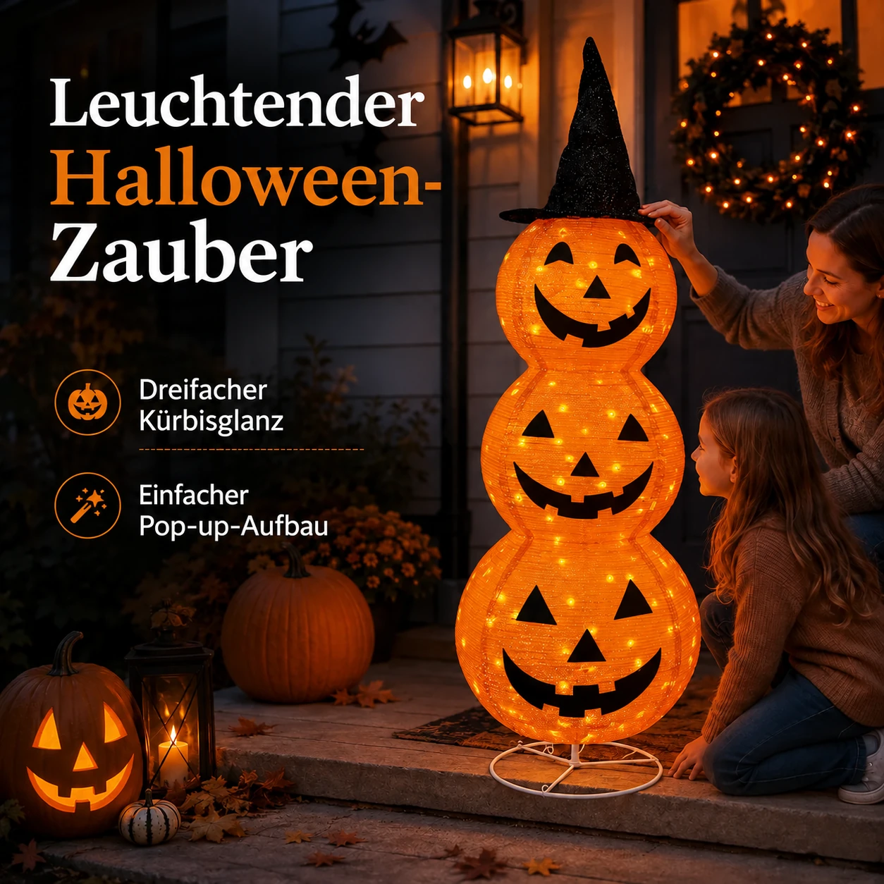 Beleuchteter dreistöckiger Kürbislaternen-Stapel mit Hexenhut