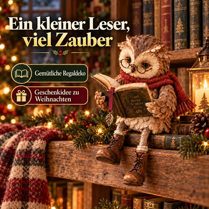 Lesende Weihnachts-Eulenfigur | Märchenhafte Regaldeko