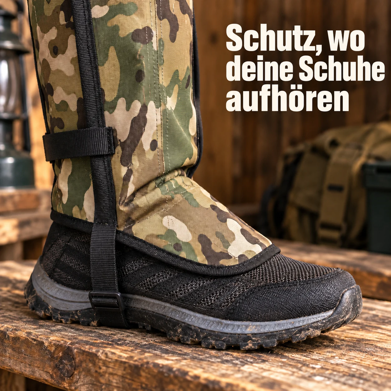 Nahaufnahme der Fußlasche einer Gamasche in Tarnmuster auf einem Wanderschuh