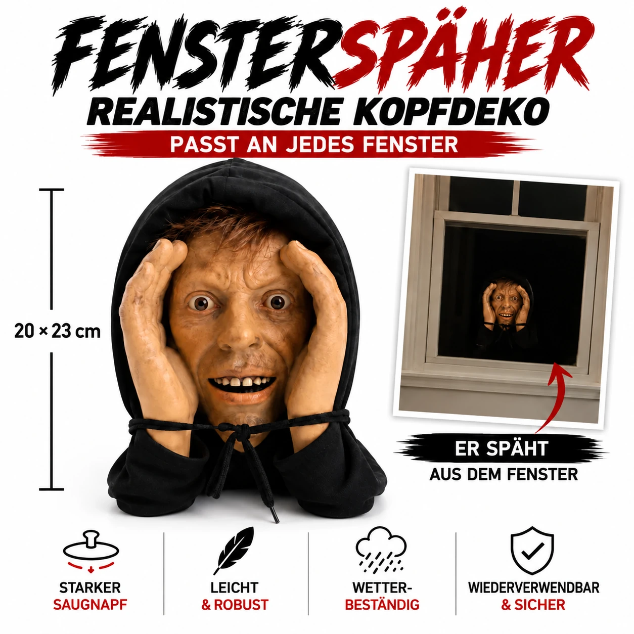 Realistisch aussehende Halloween-Scherzfigur, die durchs Fenster späht
