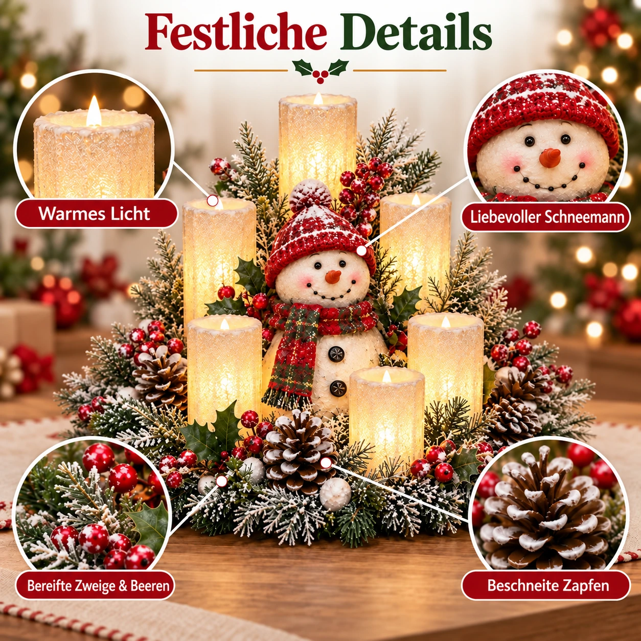 Weihnachtliches Tischgesteck mit flammenlosen Kerzen | Wählen Sie Ihren Stil