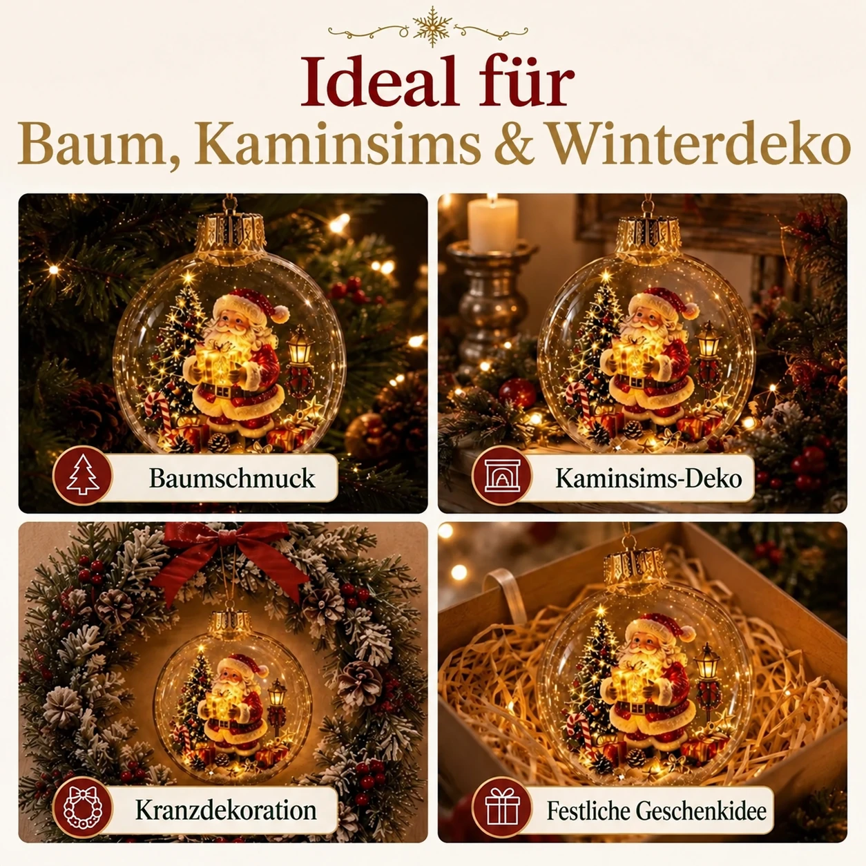 Weihnachtsdiorama-Ornament an Baum, Kaminsims und Kranz sowie als Geschenk