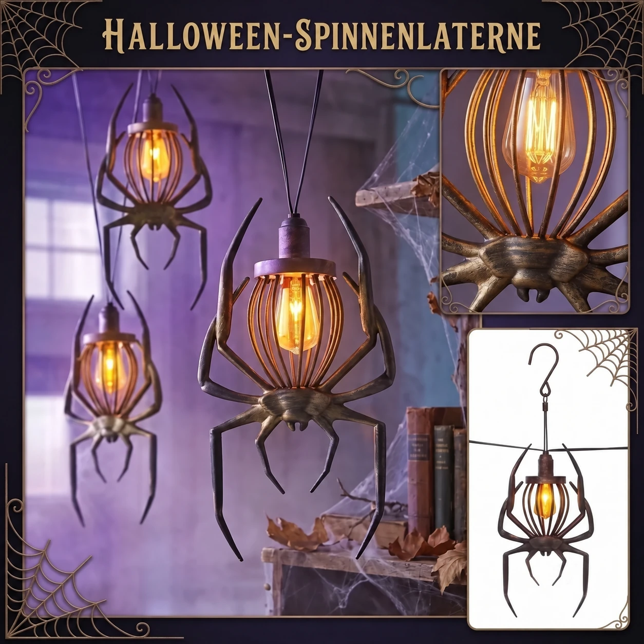 Halloween-Lichterkette mit Spinnen oder Fledermäusen und gespenstischem Licht – 5er-Set