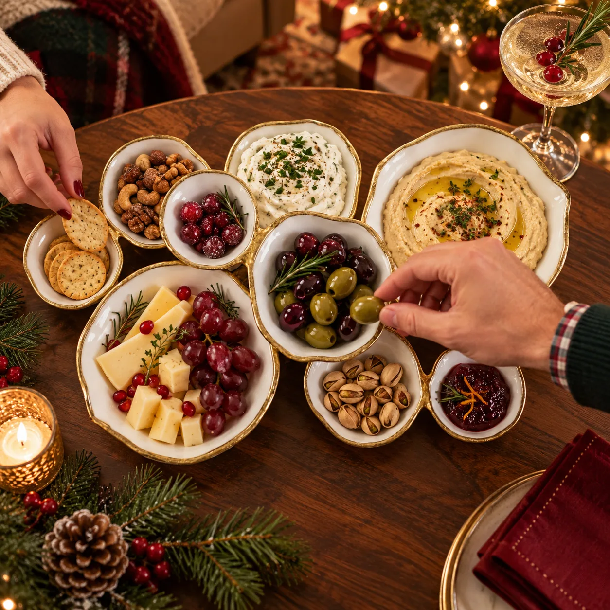 Cocktailtisch am Heiligabend mit einem weiß-goldenen Servierensemble