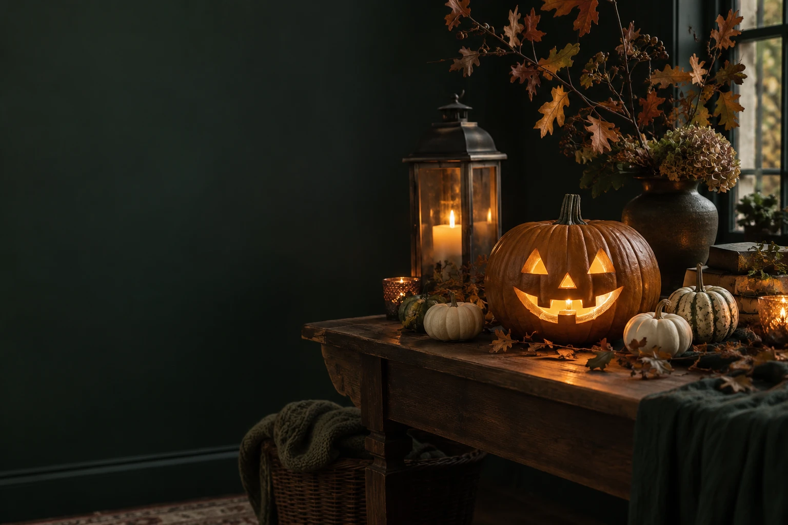 Lysende Halloween-græskar med lanterner og efterårsgrene