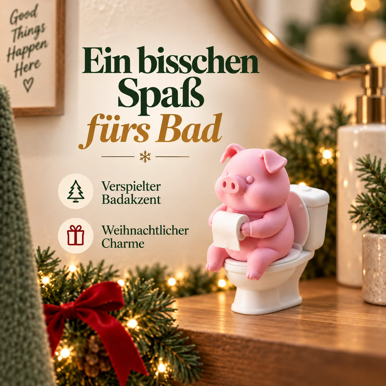 Lustige Schweinefigur auf der Toilette – weihnachtlicher Badakzent