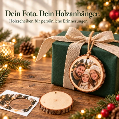 Fotoanhänger aus einer Holzscheibe an einem verpackten Geschenk; daneben eine unbedruckte Scheibe und ein Fotoausschnitt