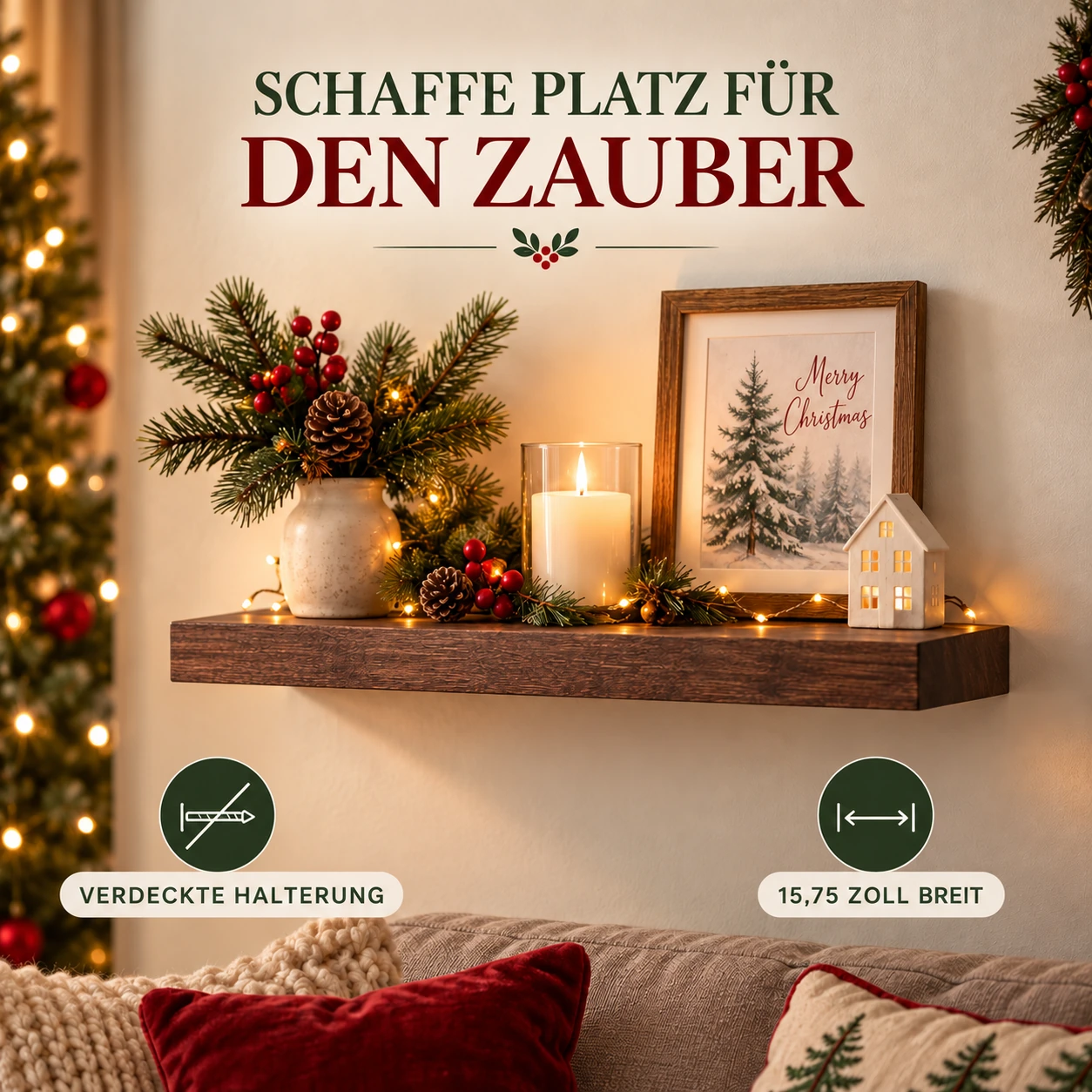 Schwebendes Holzregal für Festtagsdeko – verdeckte Wandhalterung, 15,75 Zoll