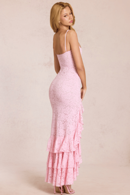 👗Lace Ruffle Maxi Dress with High Slit – Elegant Bodycon Evening Dress