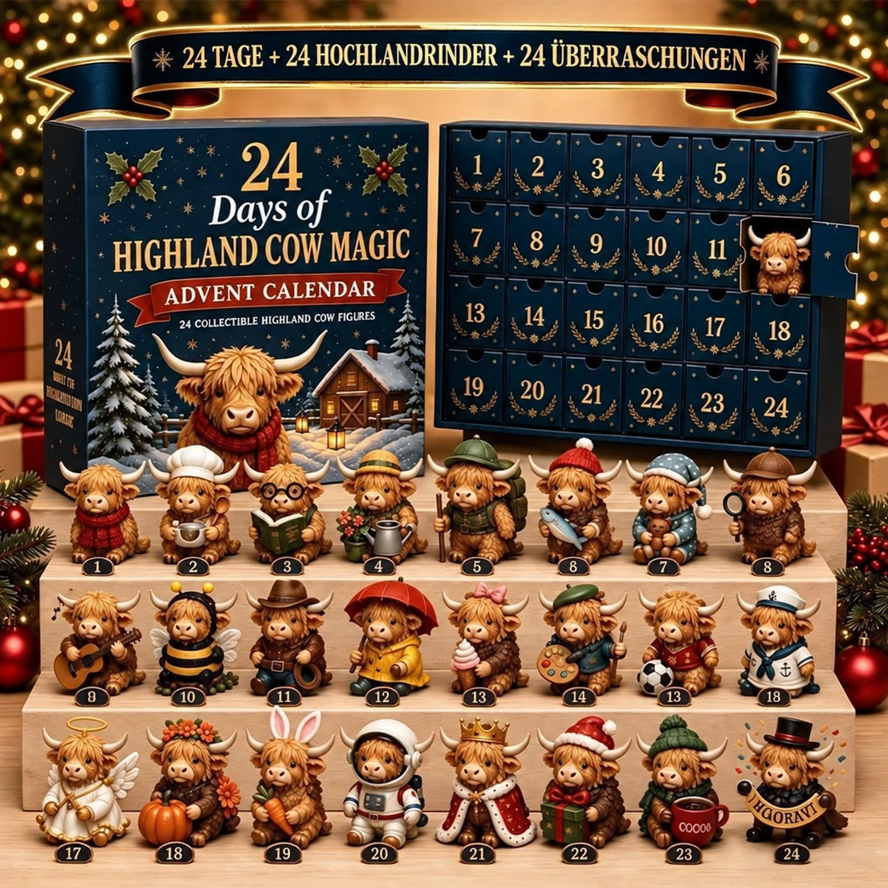 24-Tage-Adventskalender mit Hochlandrindern – 24 Mini-Figuren als Überraschung