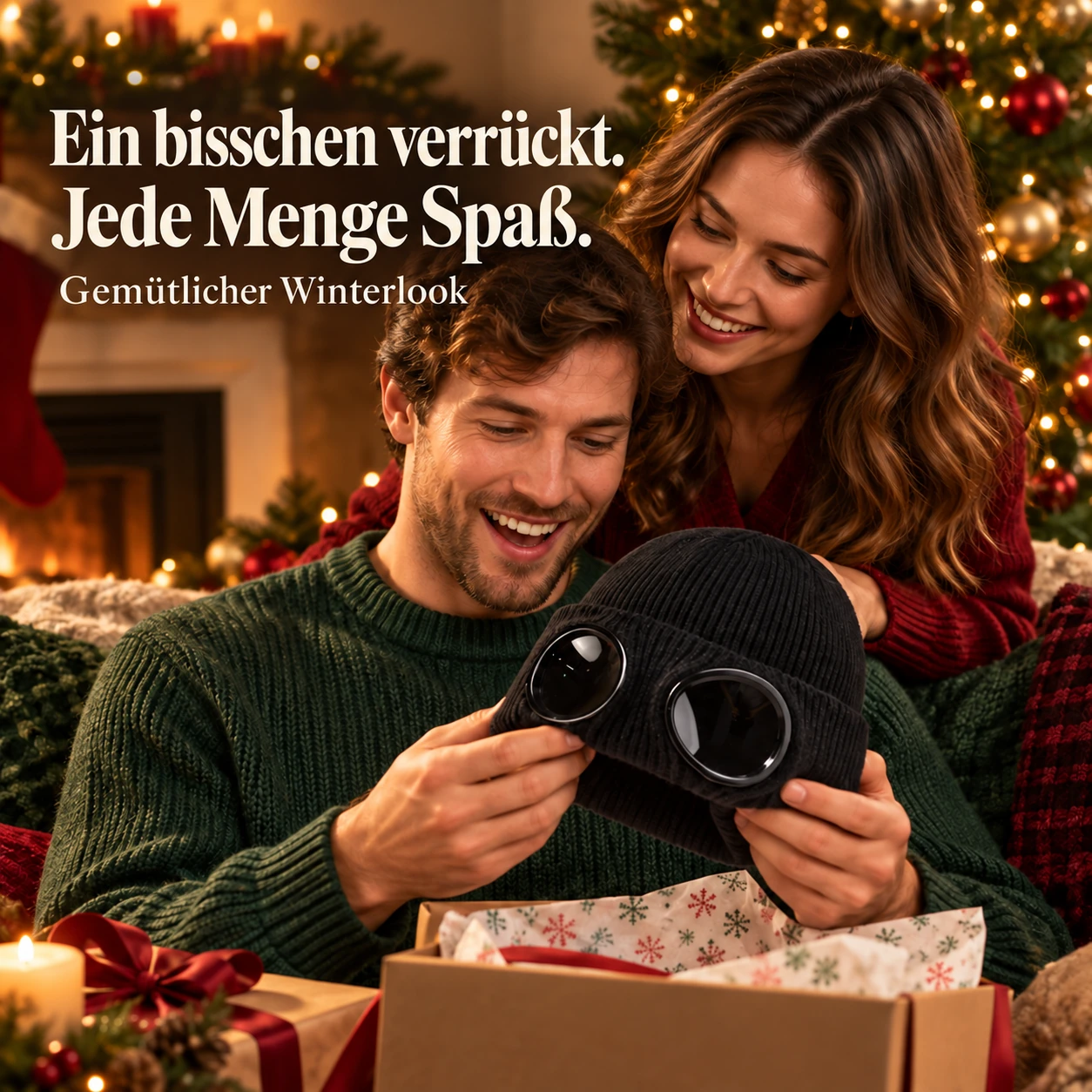 Strickmütze mit Fliegerbrillenmotiv | Verspieltes Wintergeschenk