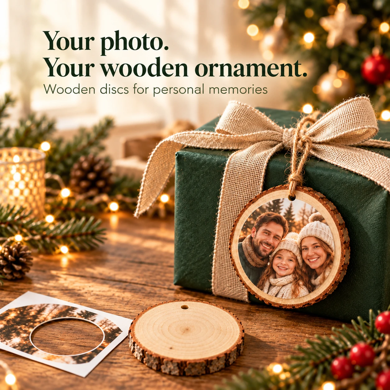 Photo ornament on a wooden disc attached to a wrapped gift; blank disc and cut photo offcut nearby