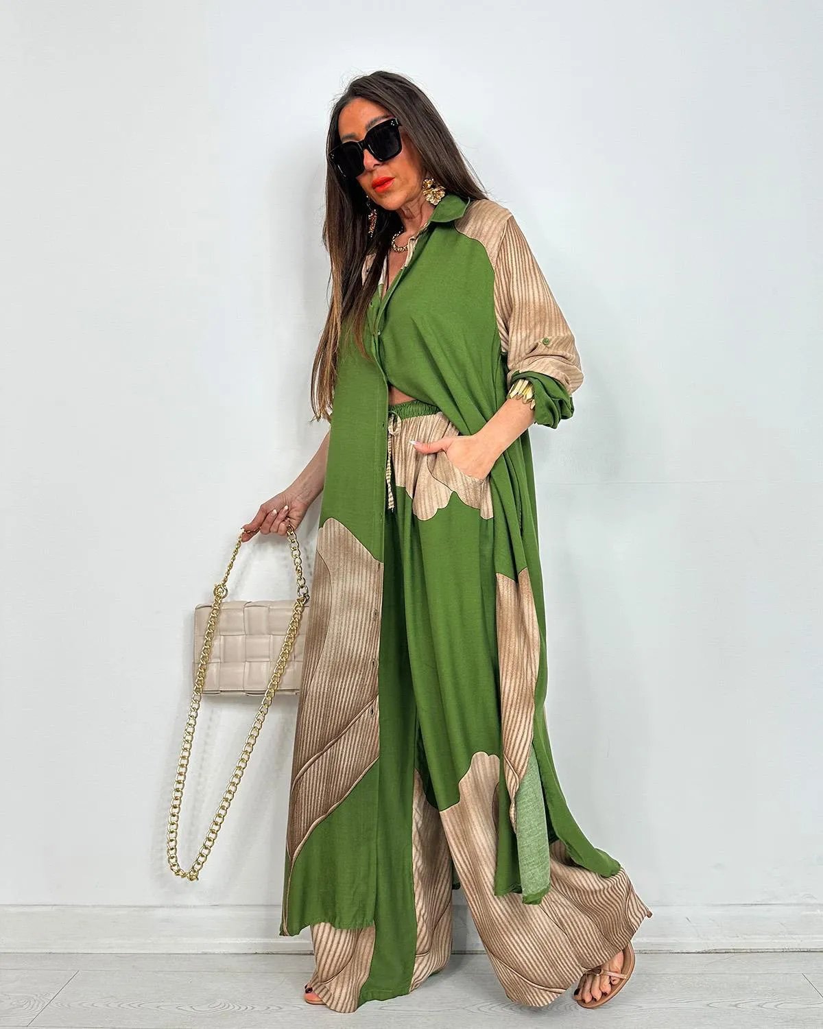 Pleated Chiffon Sleeveless Blouse & Wide Leg Palazzo Pants Set(Buy 2 Free Shipping)