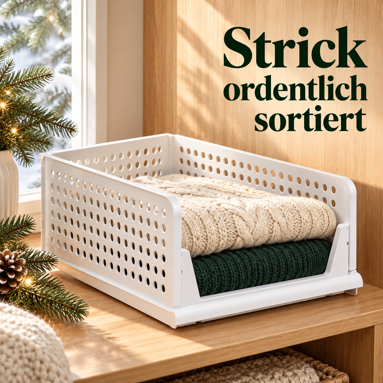 Ein weißer Korb mit sortierter Strickkleidung am Fenster
