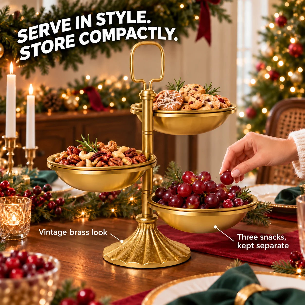 Vintage Brass-Look Serving Stand with 3 Swivel Bowls