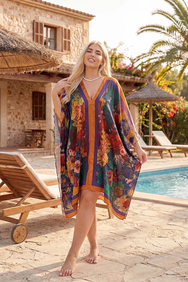 Women's Short Kaftan — V-Neck Printed Cover-Up